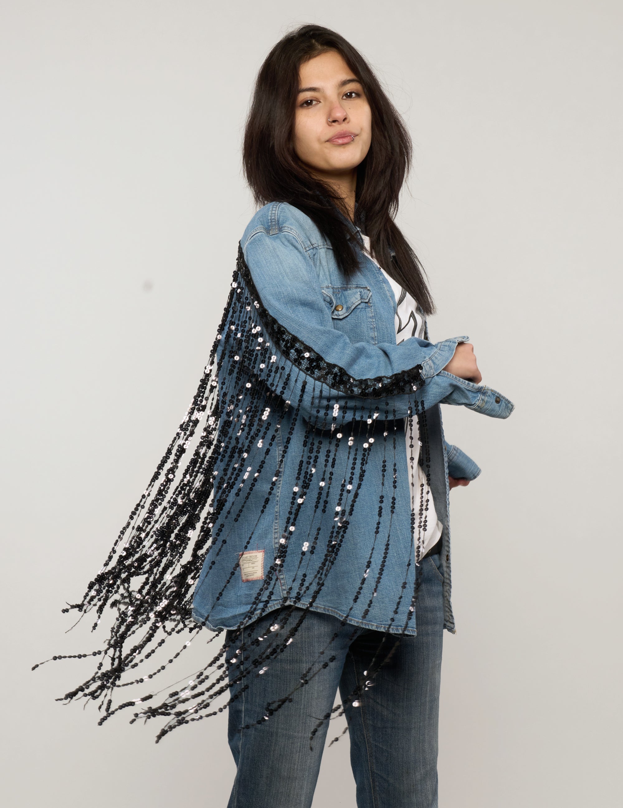 Party Back Sequinned Tassel Denim Shirt