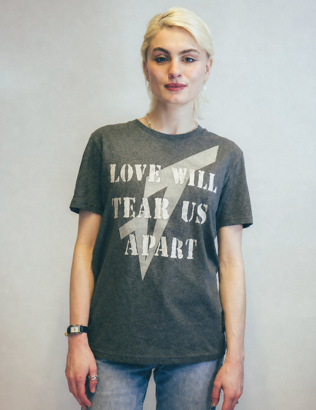 'Love Will Tear Us Apart' Silver Logo T-Shirt in Grey