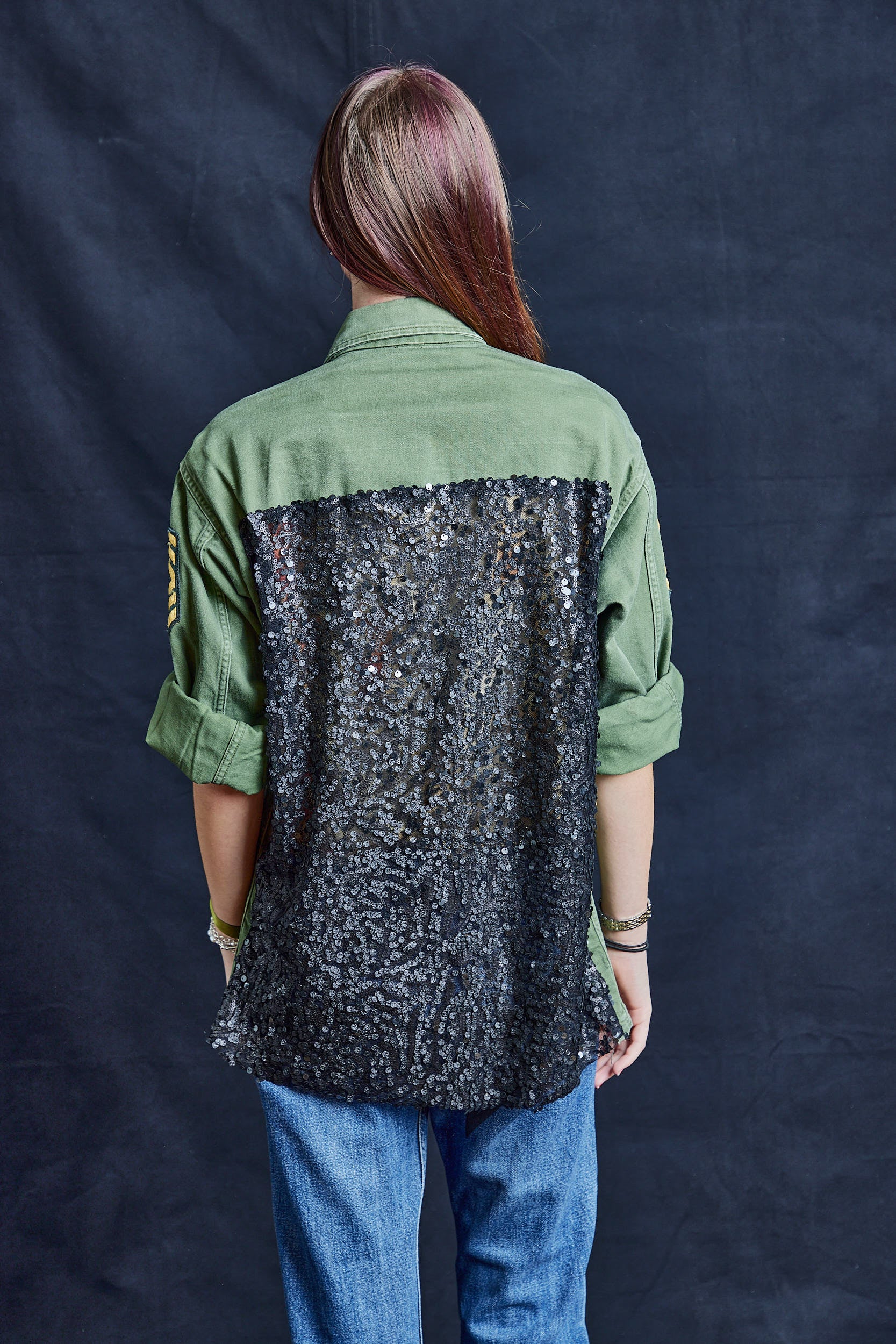 Party Back Shirt - Black Random Sequins - Long Sleeve Khaki