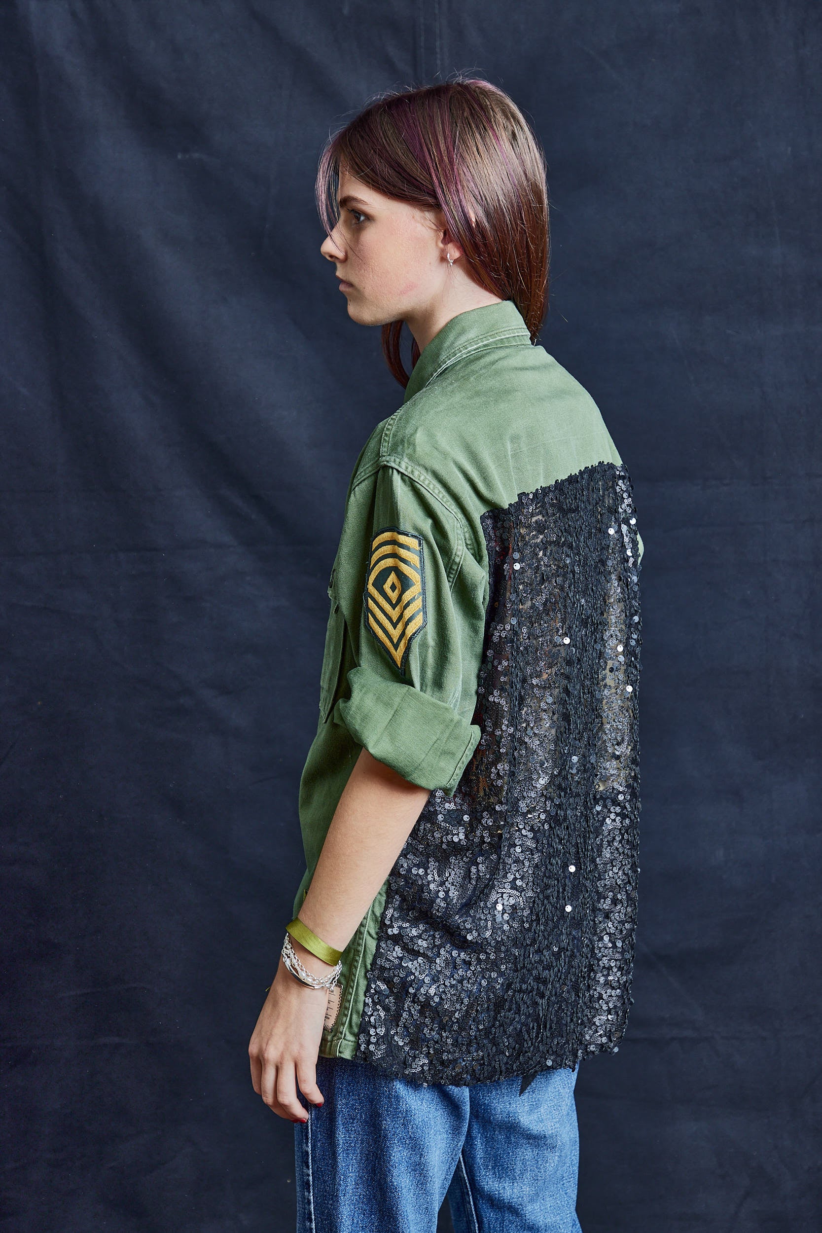 Party Back Shirt - Black Random Sequins - Long Sleeve Khaki