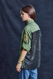 Party Back Shirt - Black Random Sequins - Long Sleeve Khaki