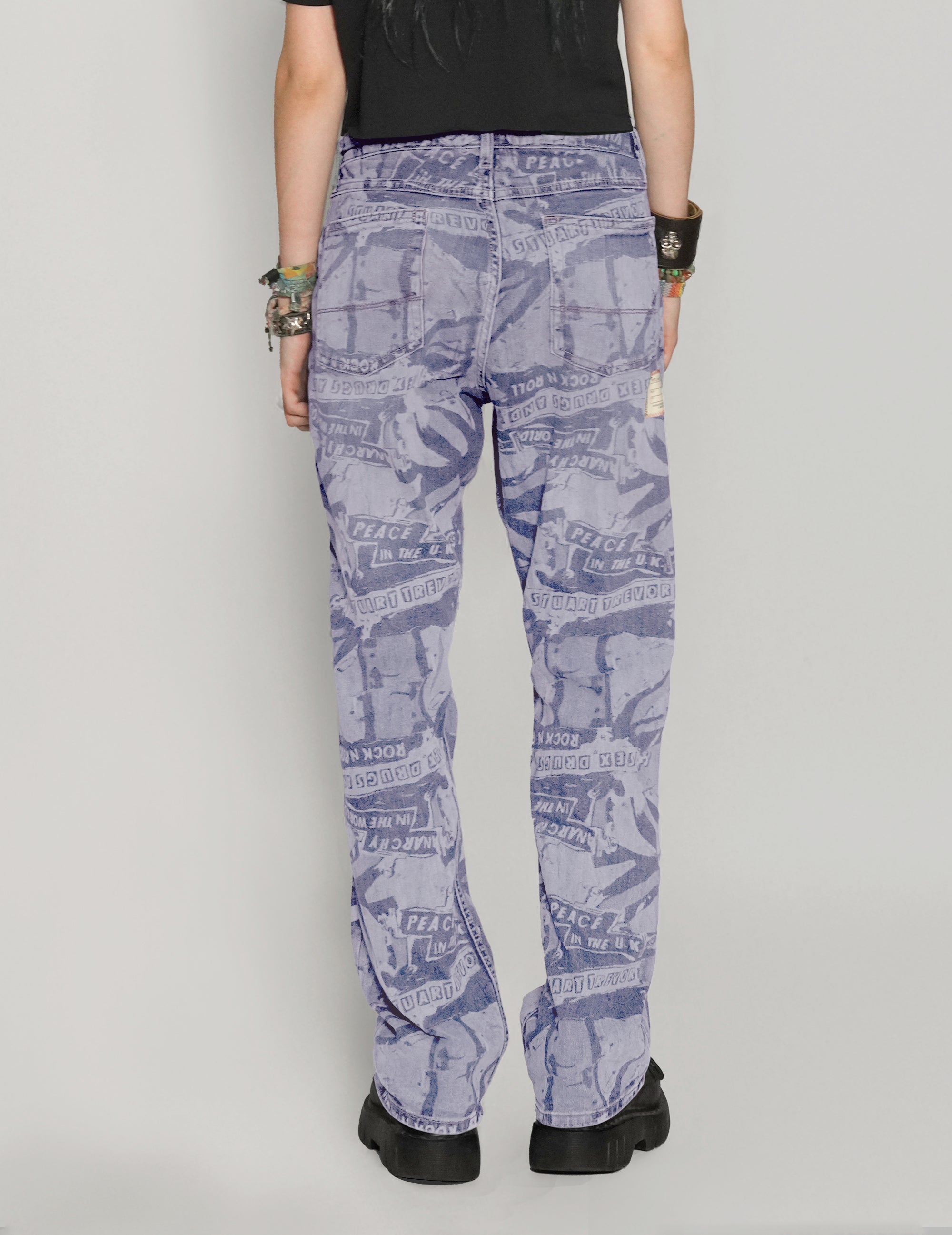 'Peace' Laser Print Jeans in Light Blue
