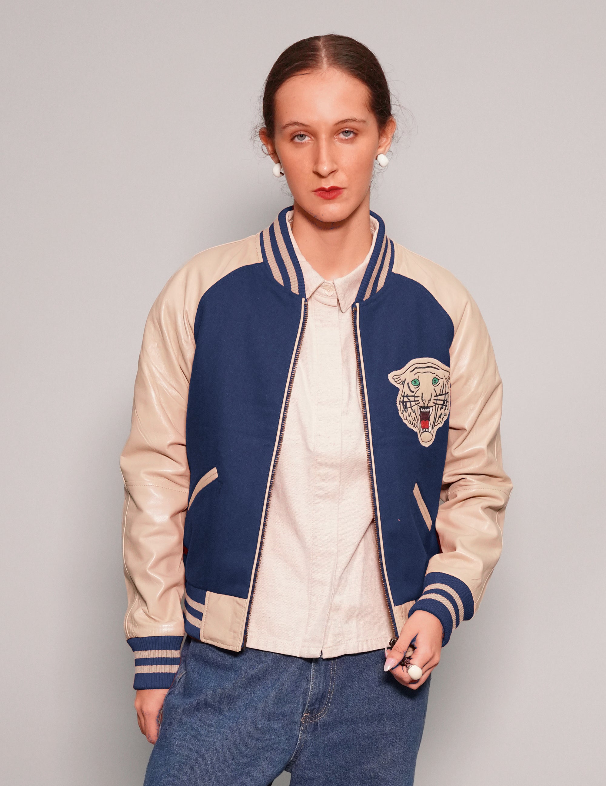 Women's Varsity Bomber Jacket in Blue | Stuart Trevor