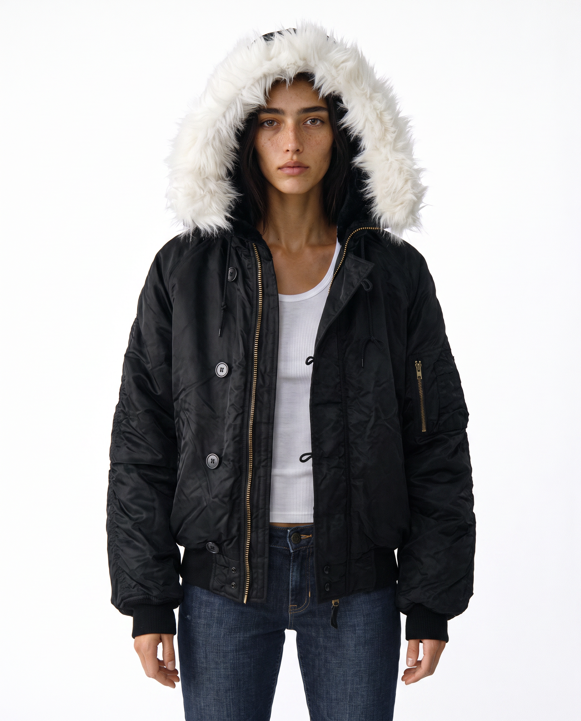 Zipped Hooded Flying Jacket in Black
