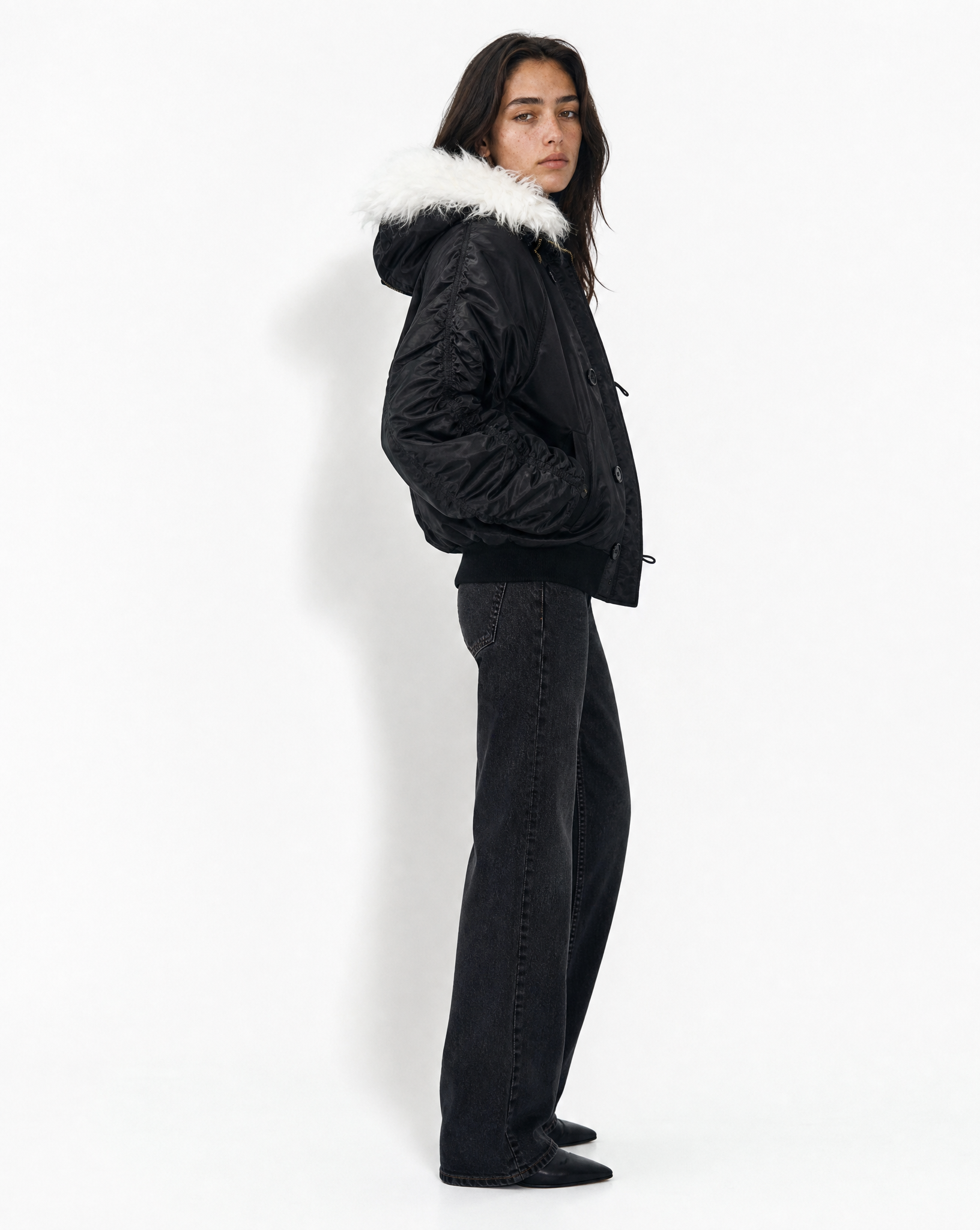 Zipped Hooded Flying Jacket in Black