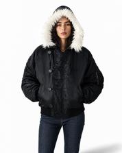 Zipped Hooded Flying Jacket in Black