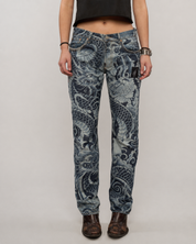 Dragon Tattoo Laser Print Jeans - Dark Denim