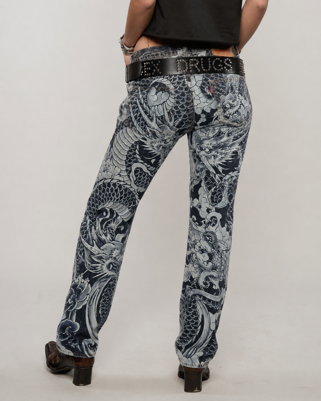 Dragon Tattoo Laser Print Jeans - Dark Denim