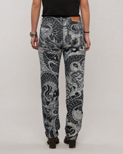 Dragon Tattoo Laser Print Jeans - Dark Denim