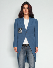 Blue Edwardian tailcoat on model, front view