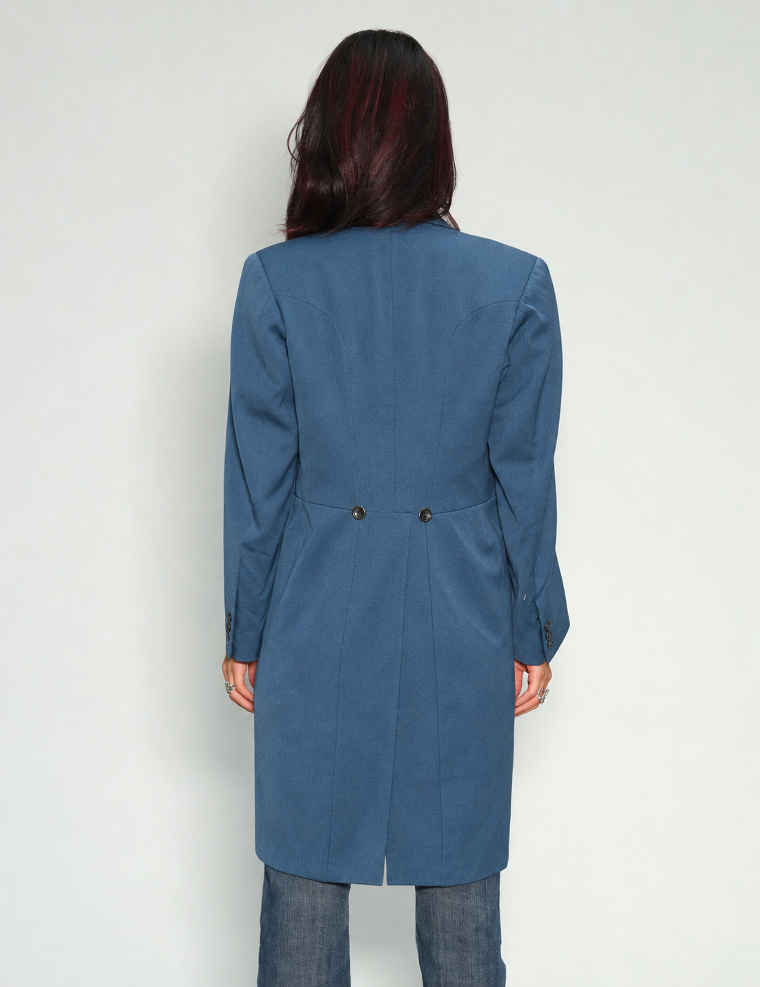 Blue Edwardian tailcoat, side view