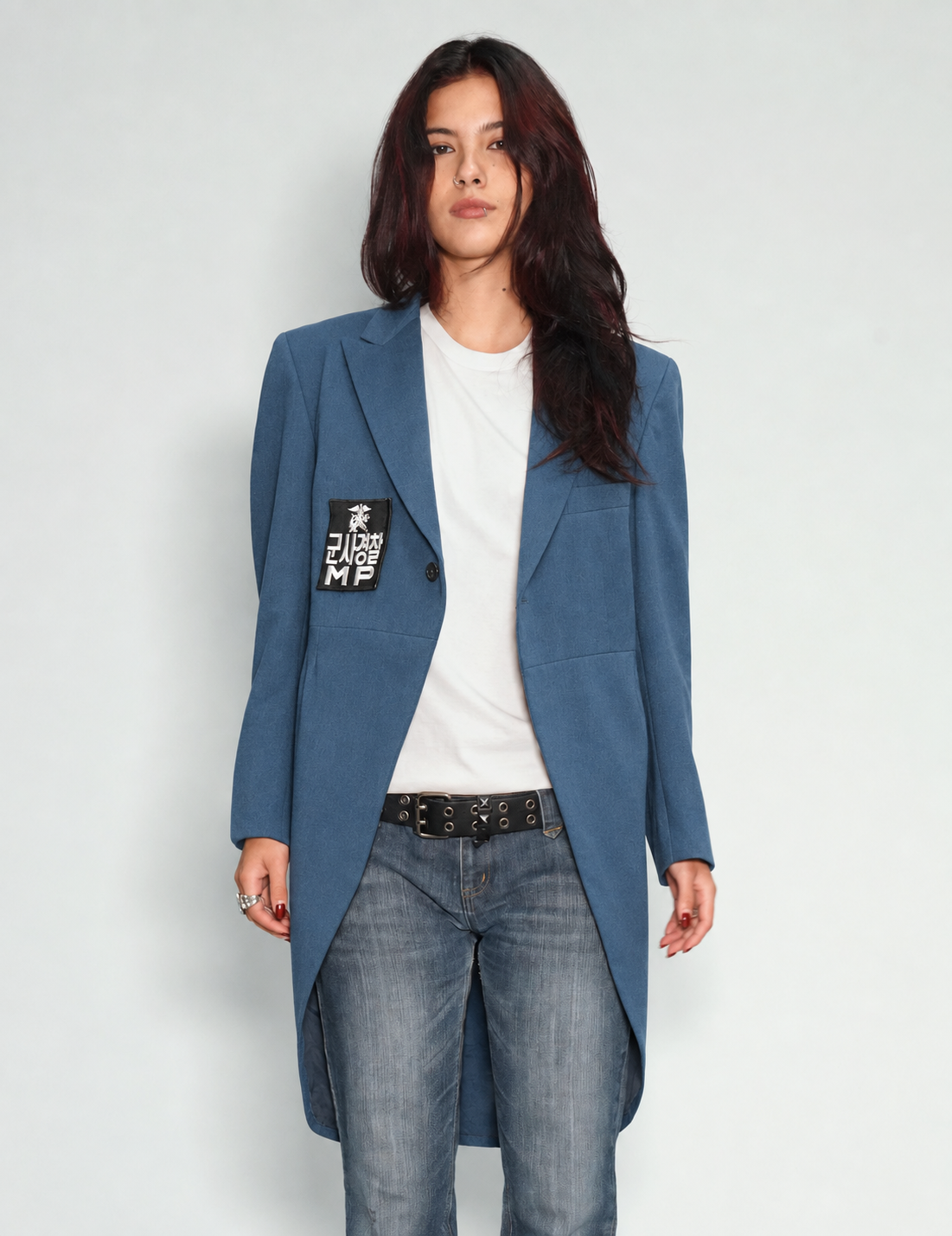 Blue Edwardian tailcoat on model, full front view