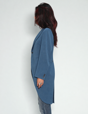 Blue Edwardian tailcoat on model, angled front view