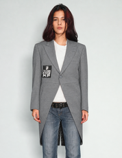 Light grey Edwardian tailcoat on model, front view