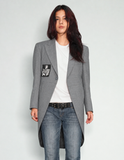 Light grey Edwardian tailcoat on model, angled front view