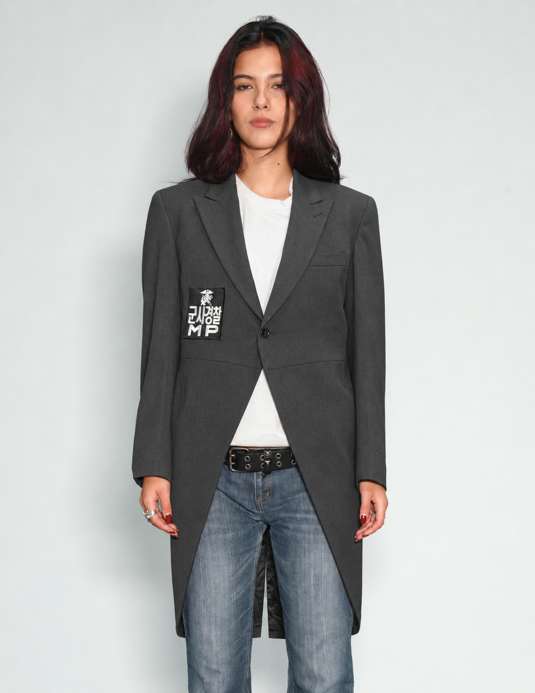 Grey Edwardian tailcoat on model, front view