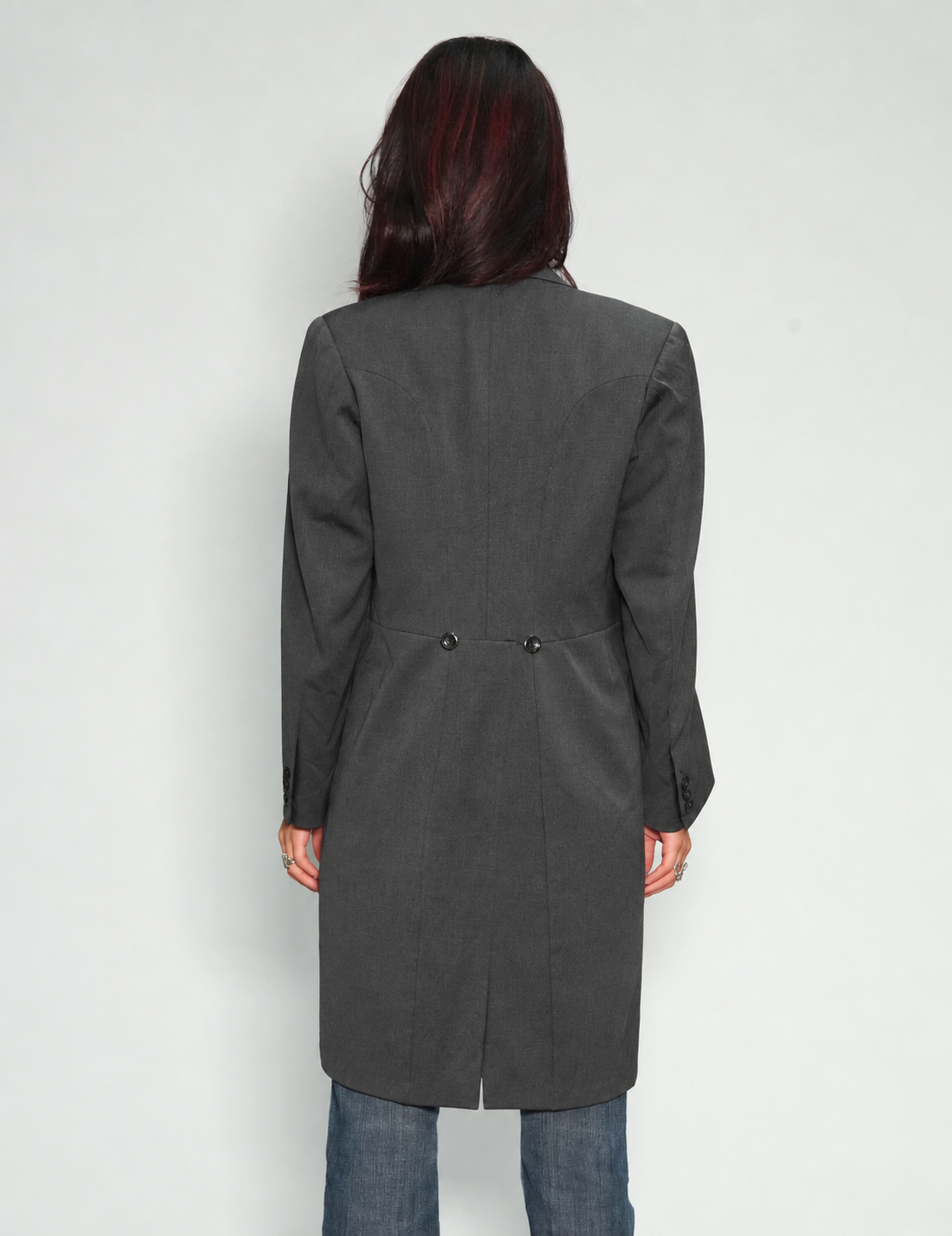 Grey Edwardian tailcoat on model, angled front view