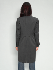 Grey Edwardian tailcoat on model, angled front view