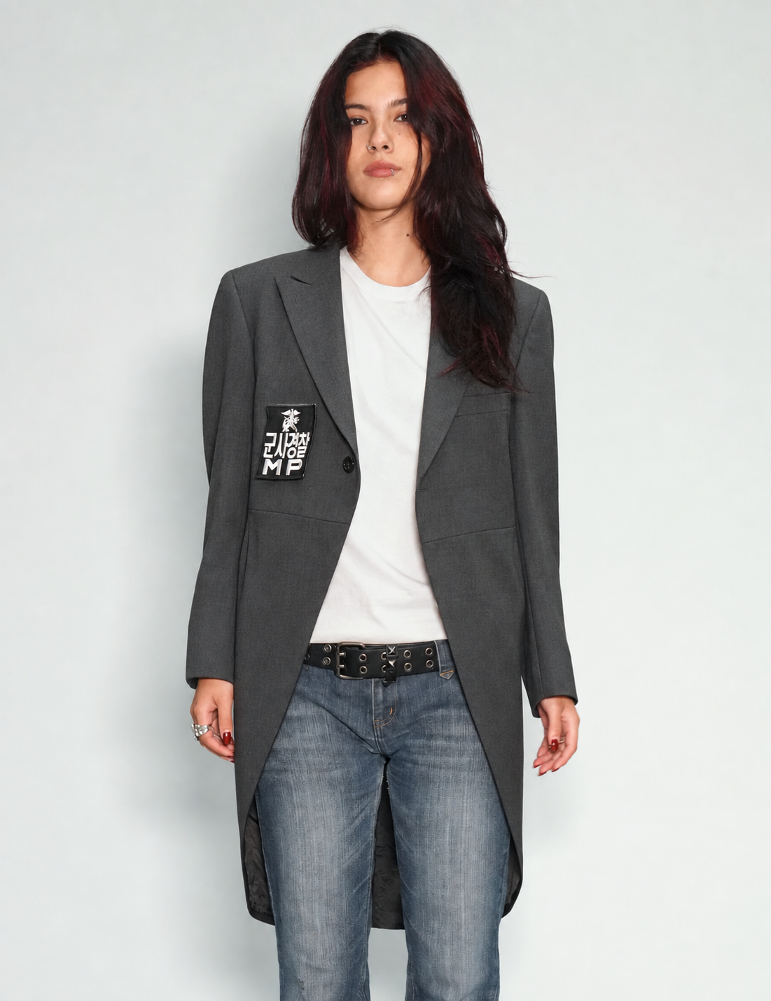 Grey Edwardian tailcoat, side view