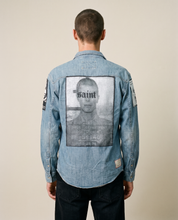 Patched denim shirt from behind, full length