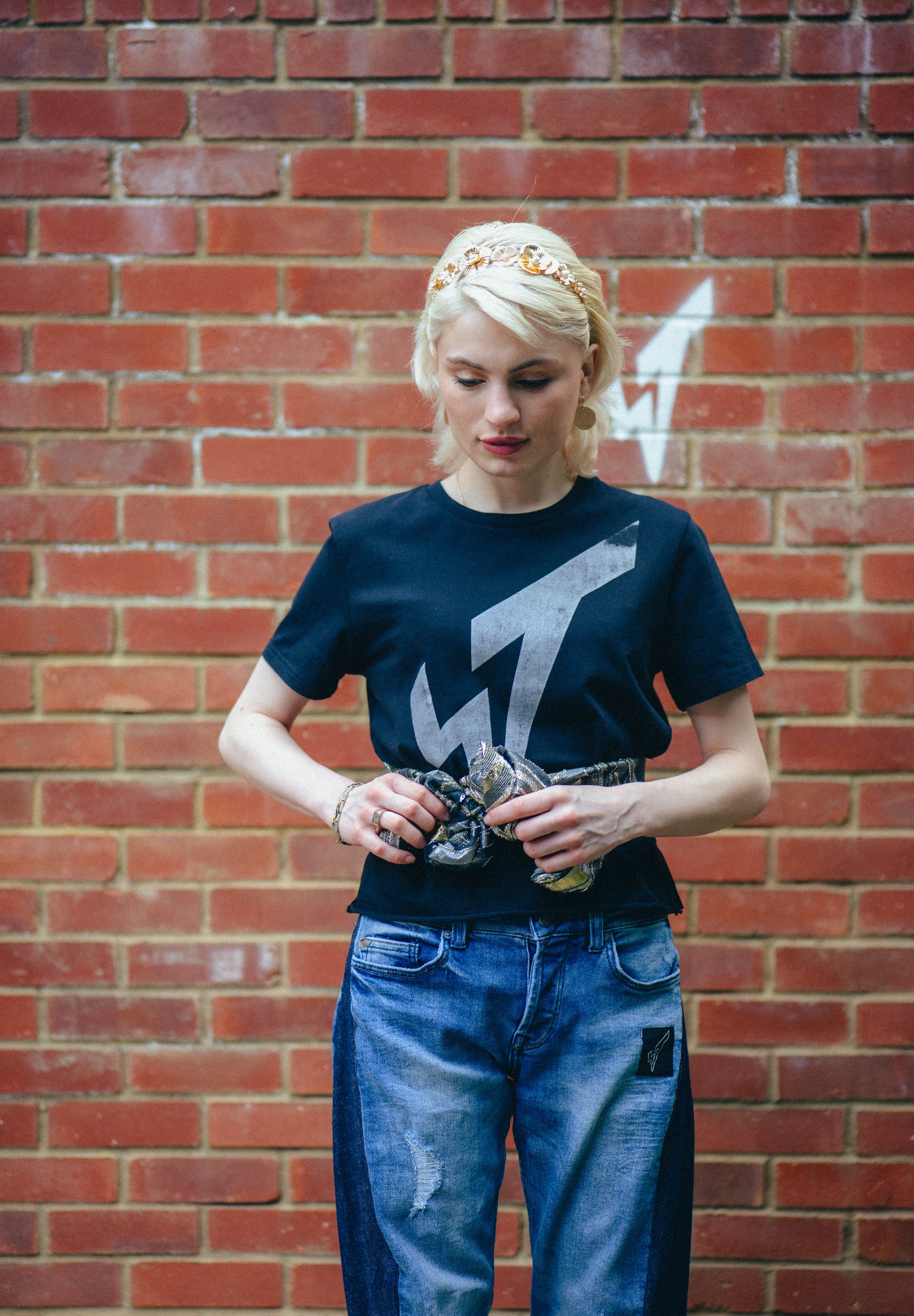 Silver ST Logo Embroidered Tie Tee - Black