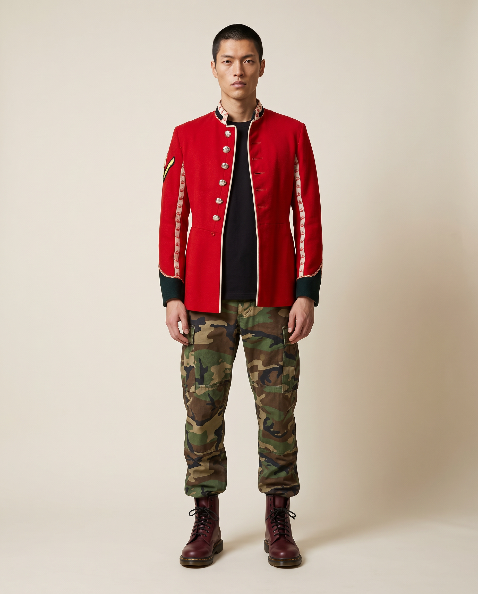 Vintage scarlet Welsh Guards ceremonial tunic, front view, brass button fastening