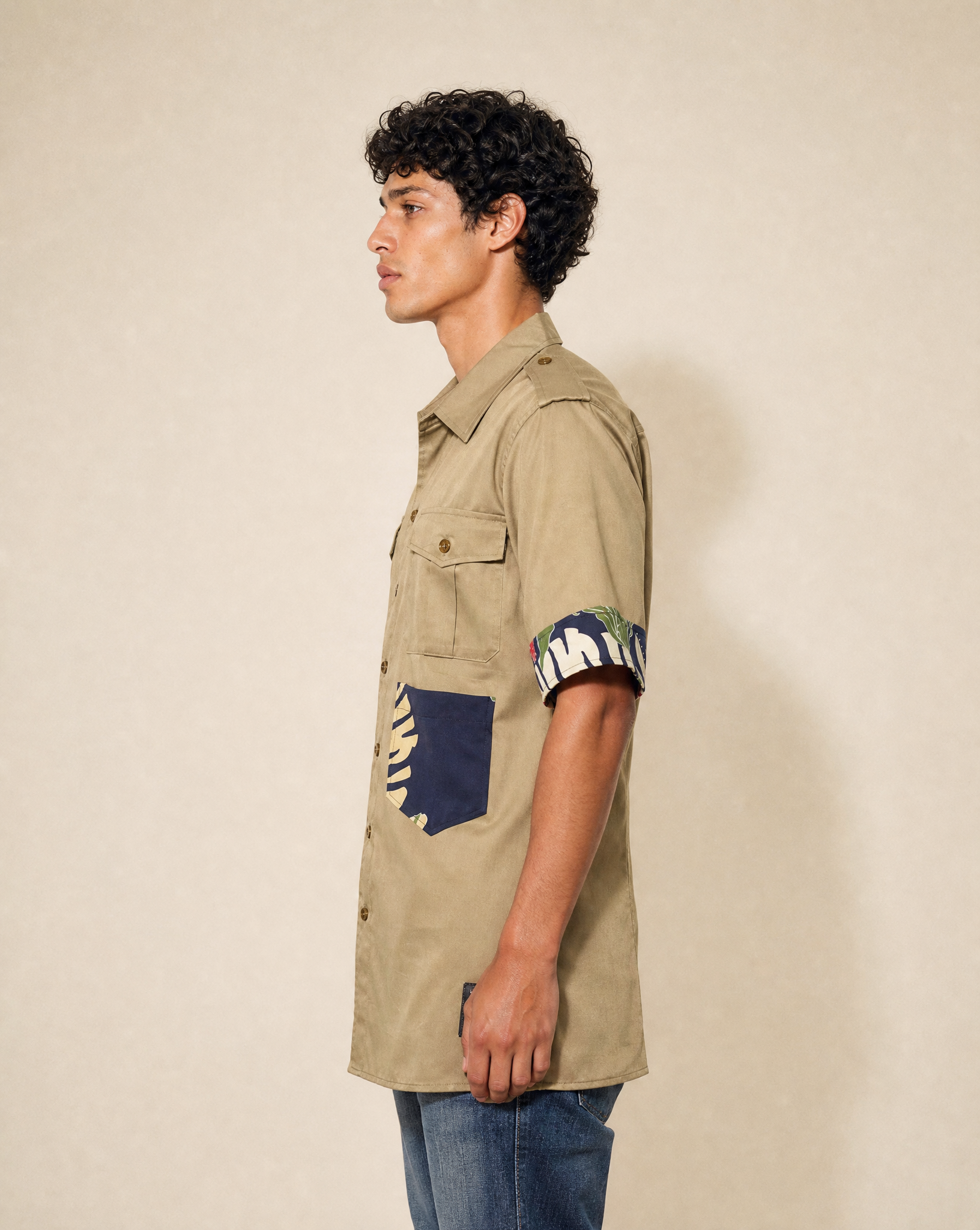 Tropical Patch Military Shirt in Olive Green