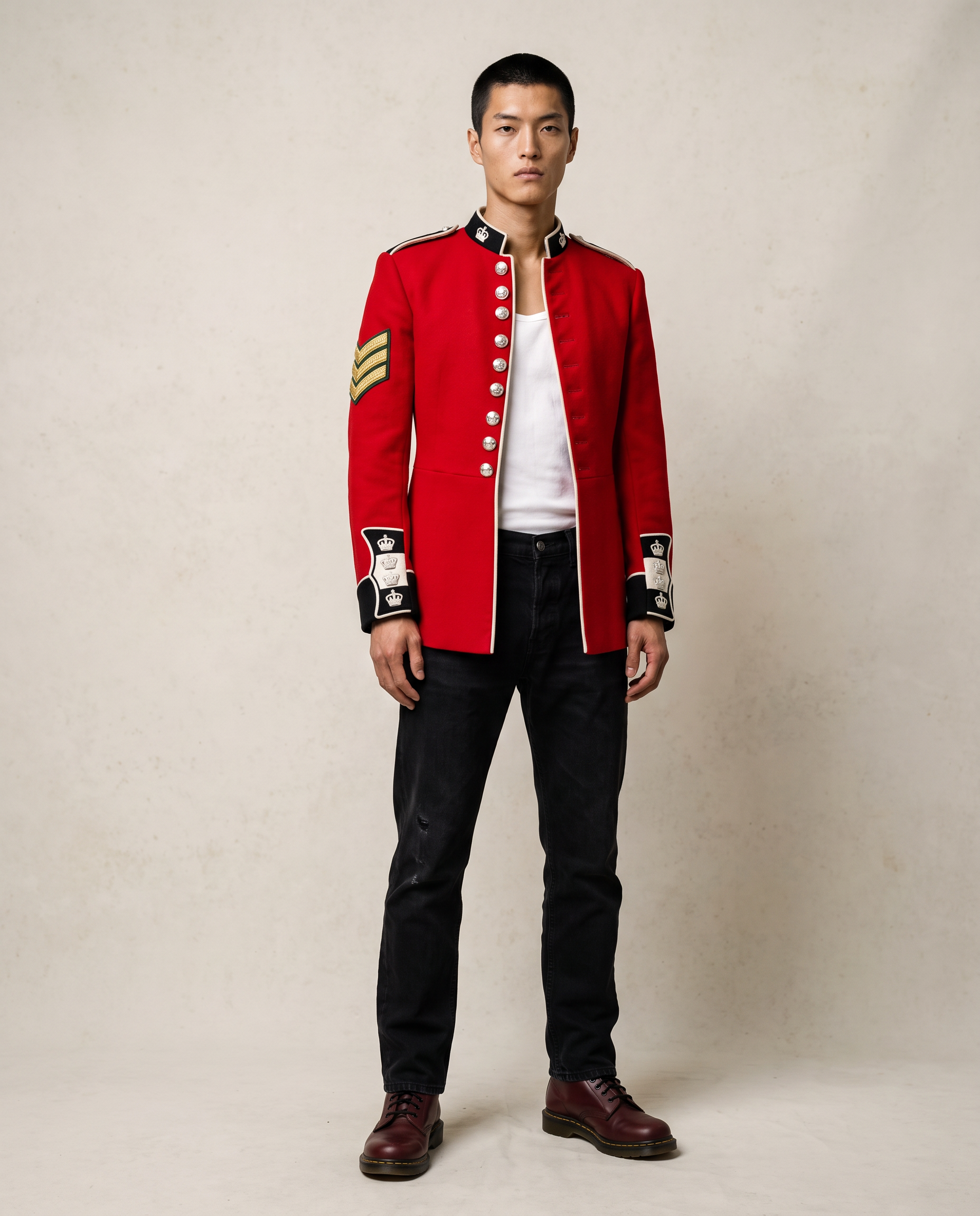 Vintage scarlet Welsh Guards ceremonial tunic, front view, brass button fastening