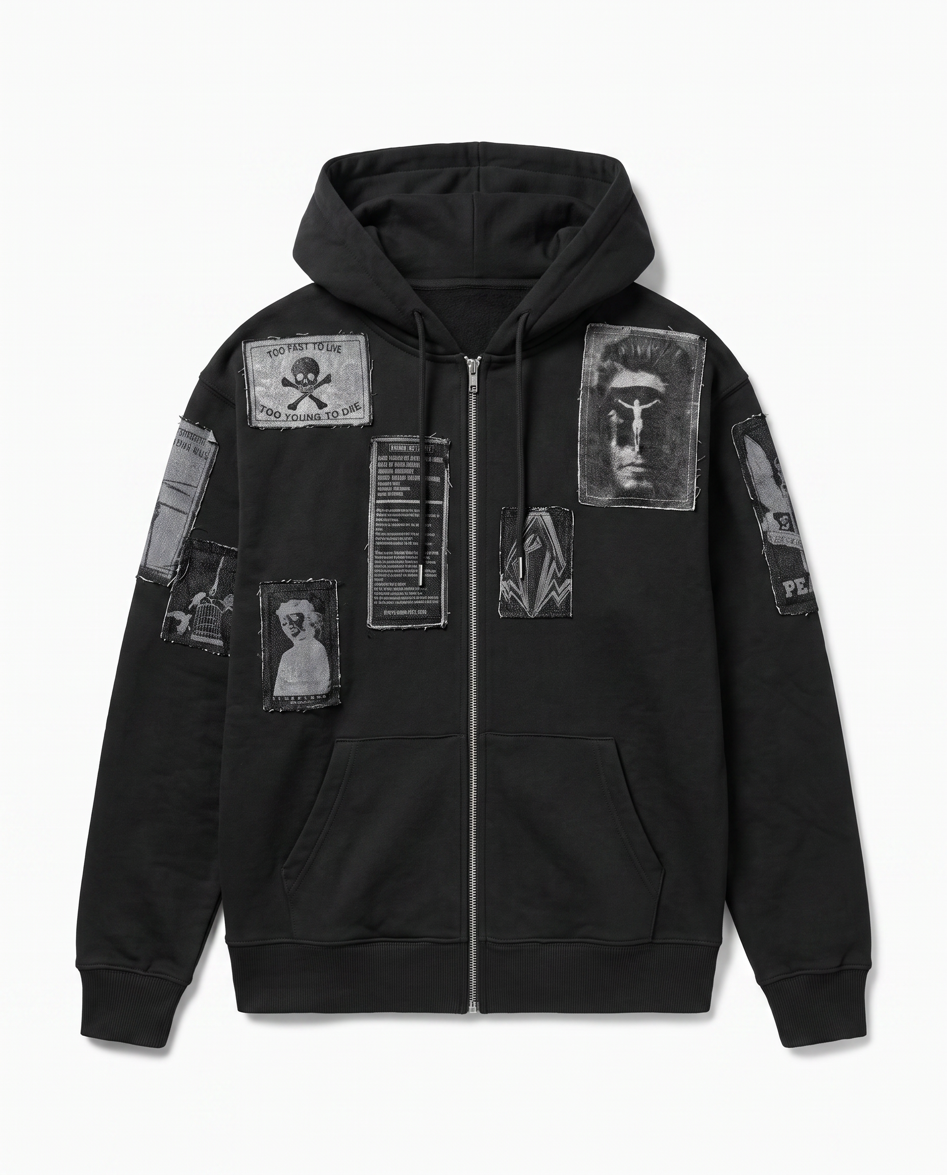 Black No Prisoners zip hoodie on a plain background, front view