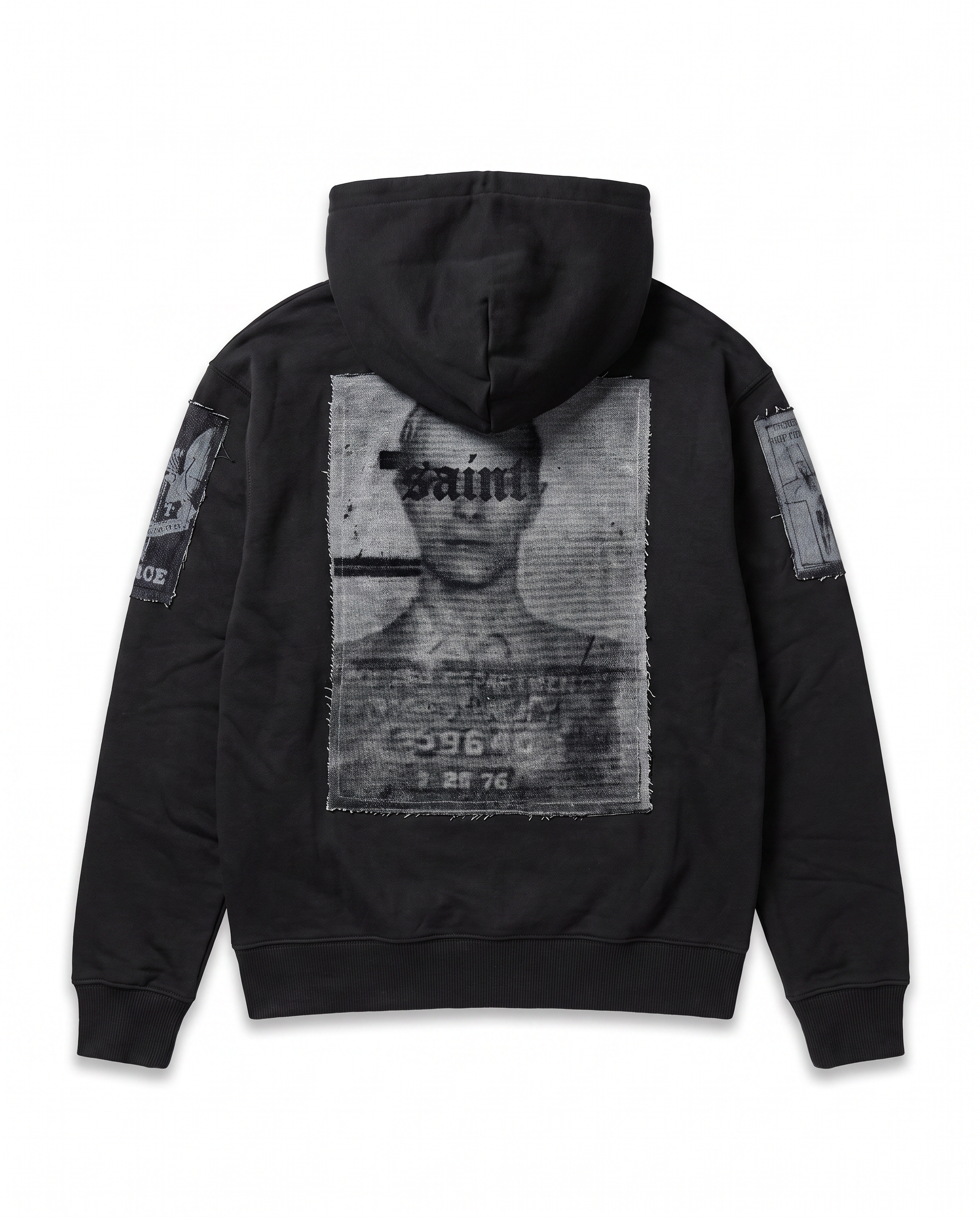 Back view of the black No Prisoners zip hoodie, showing the mugshot screen print