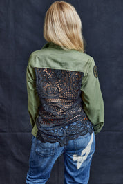 Party Back Shirt - Black Lace - Long Sleeve Khaki