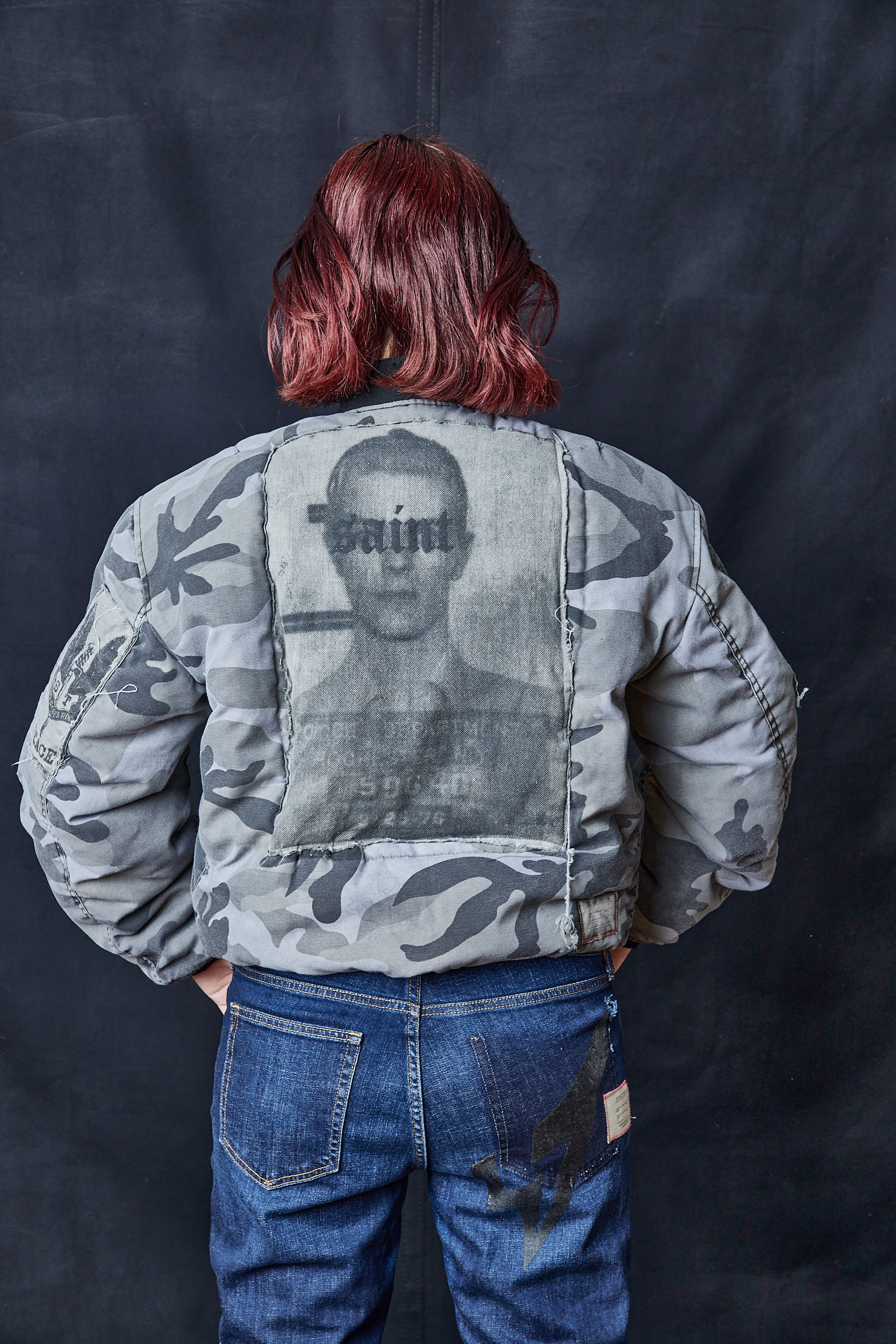 Grey Patched Camouflage Print Bomber