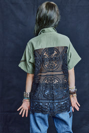 Party Back Shirt - Black Lace - Short Sleeve Khaki