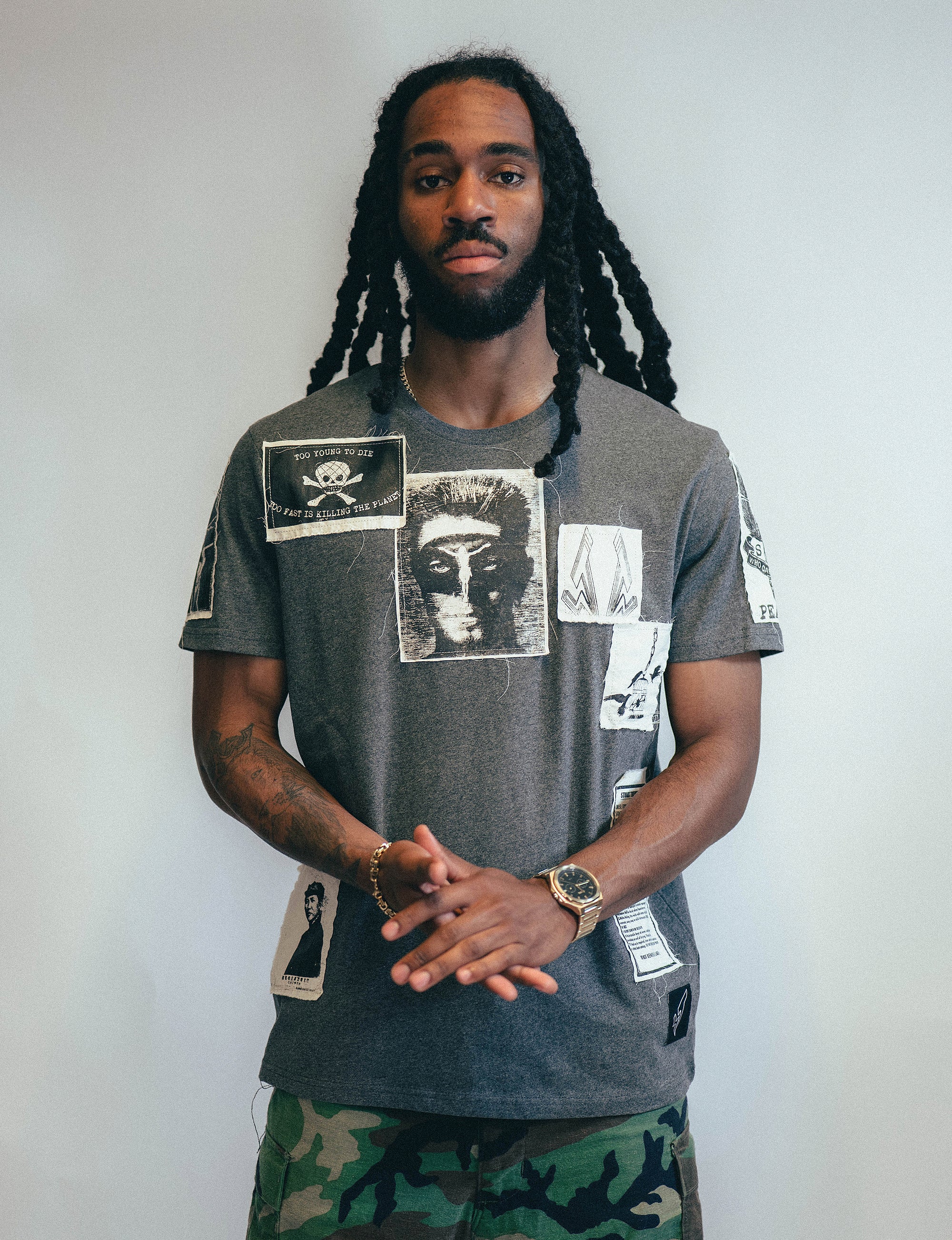 STUART TREVOR Men's 'Saint' Multipatch T-Shirt in Grey