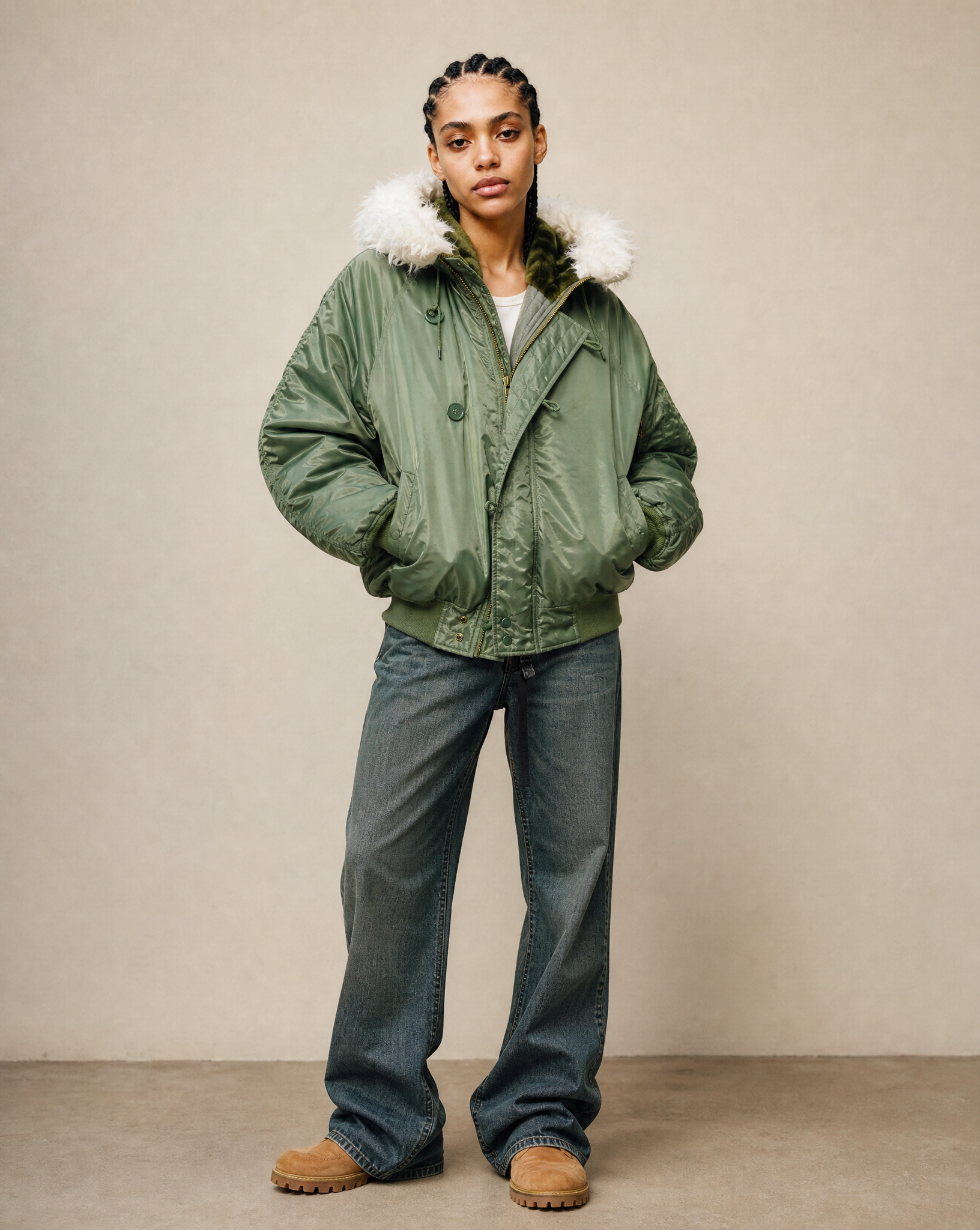 Green hooded flying jacket worn open, studio shot on a plain background