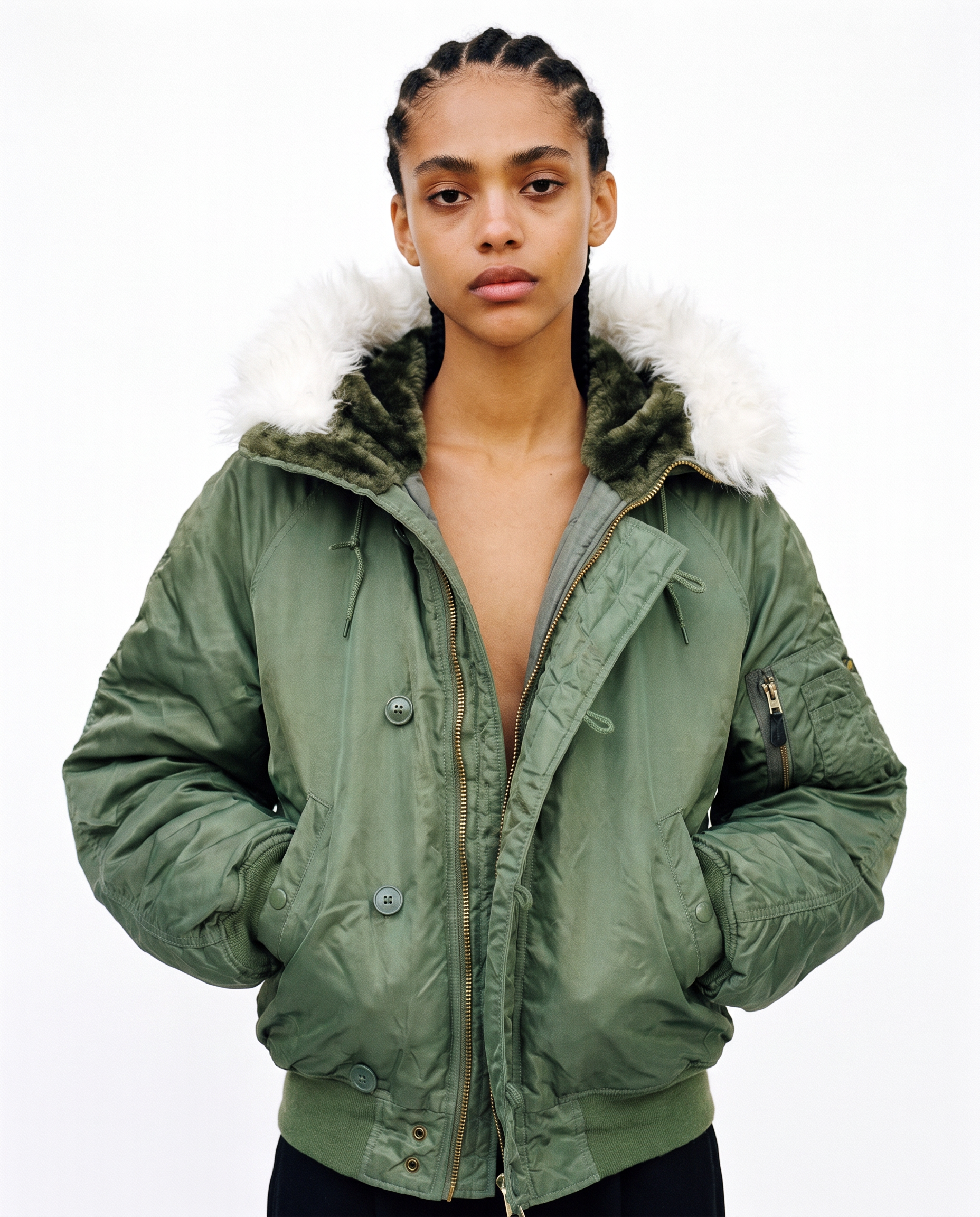 Woman wearing a green N-2B hooded flying jacket, front view, hood down