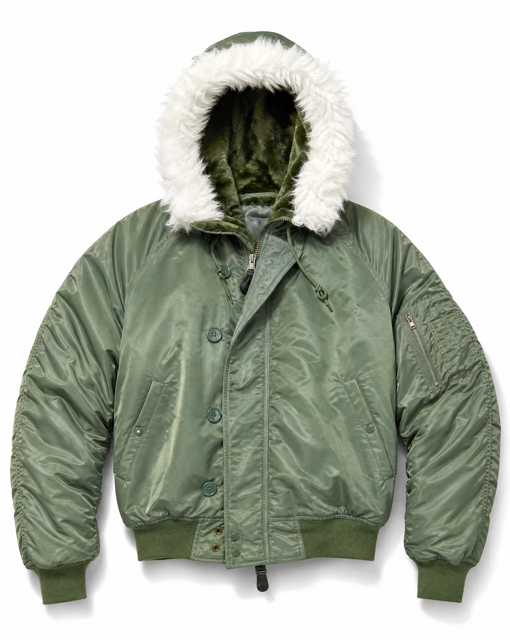 Green N-2B flying jacket on a plain background, front view with two-way zip