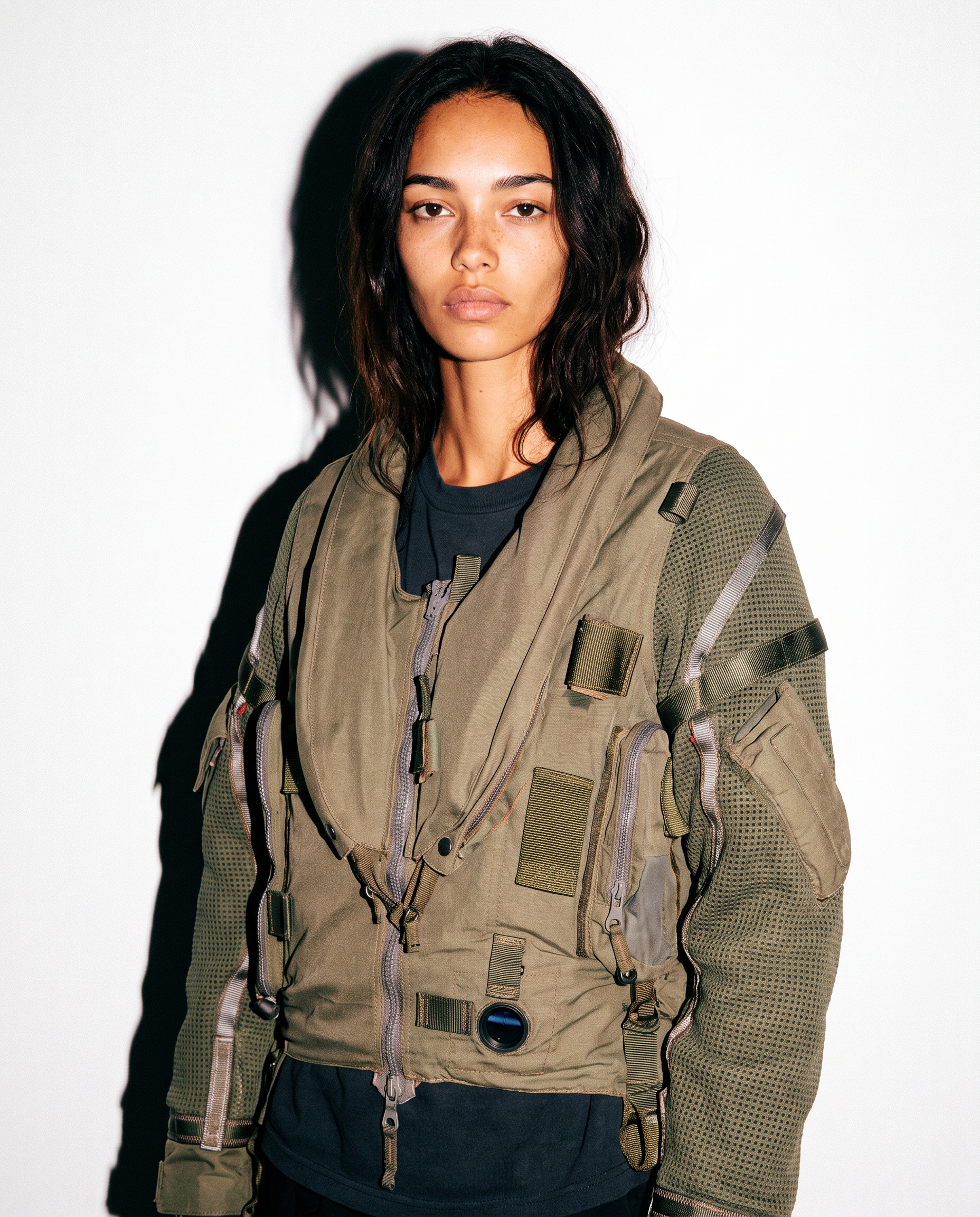 Vintage khaki RAF flight jacket worn open, showing the oversized fit