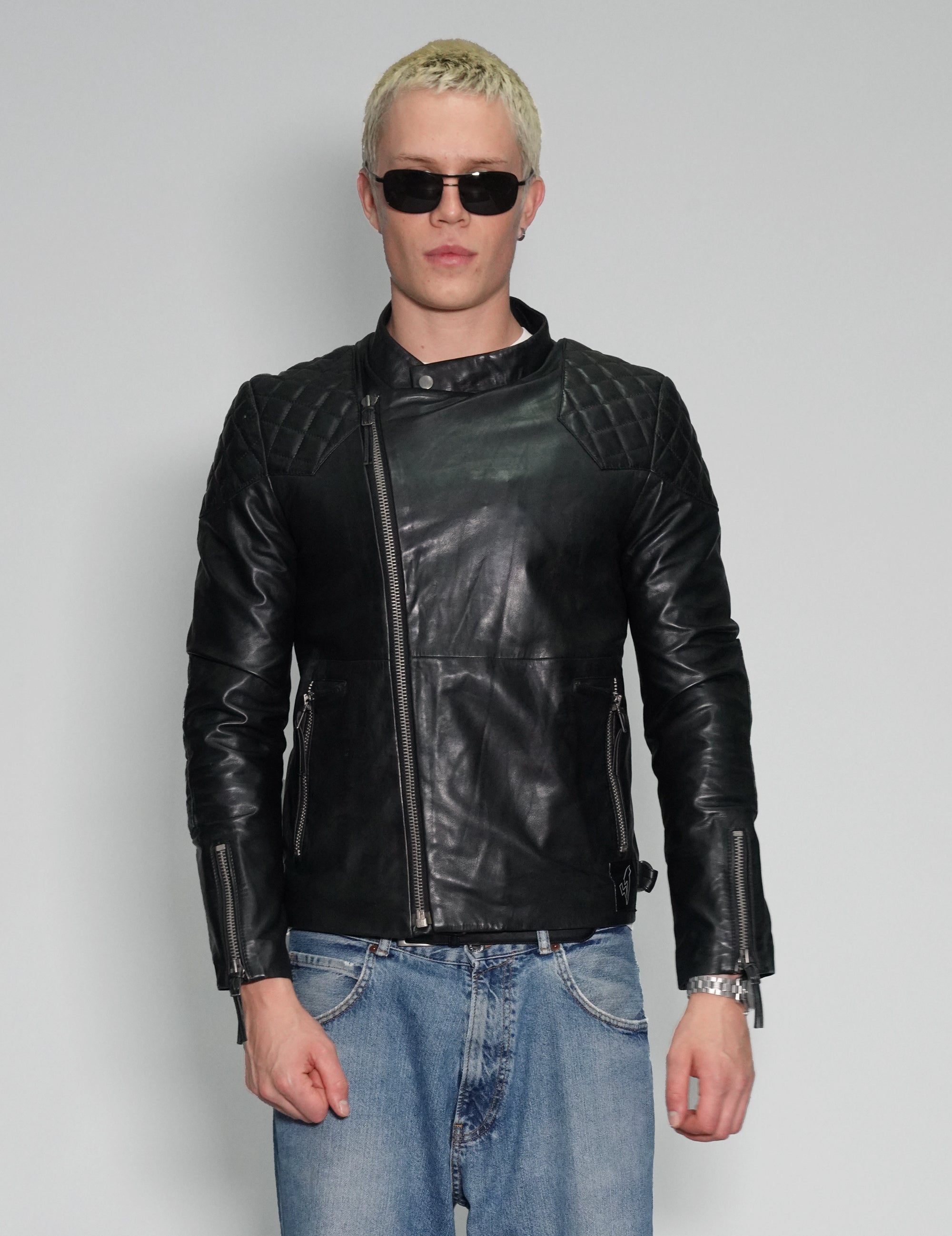 Men's Vintage Leather Biker Jacket with David Bowie Print | Stuart Trevor