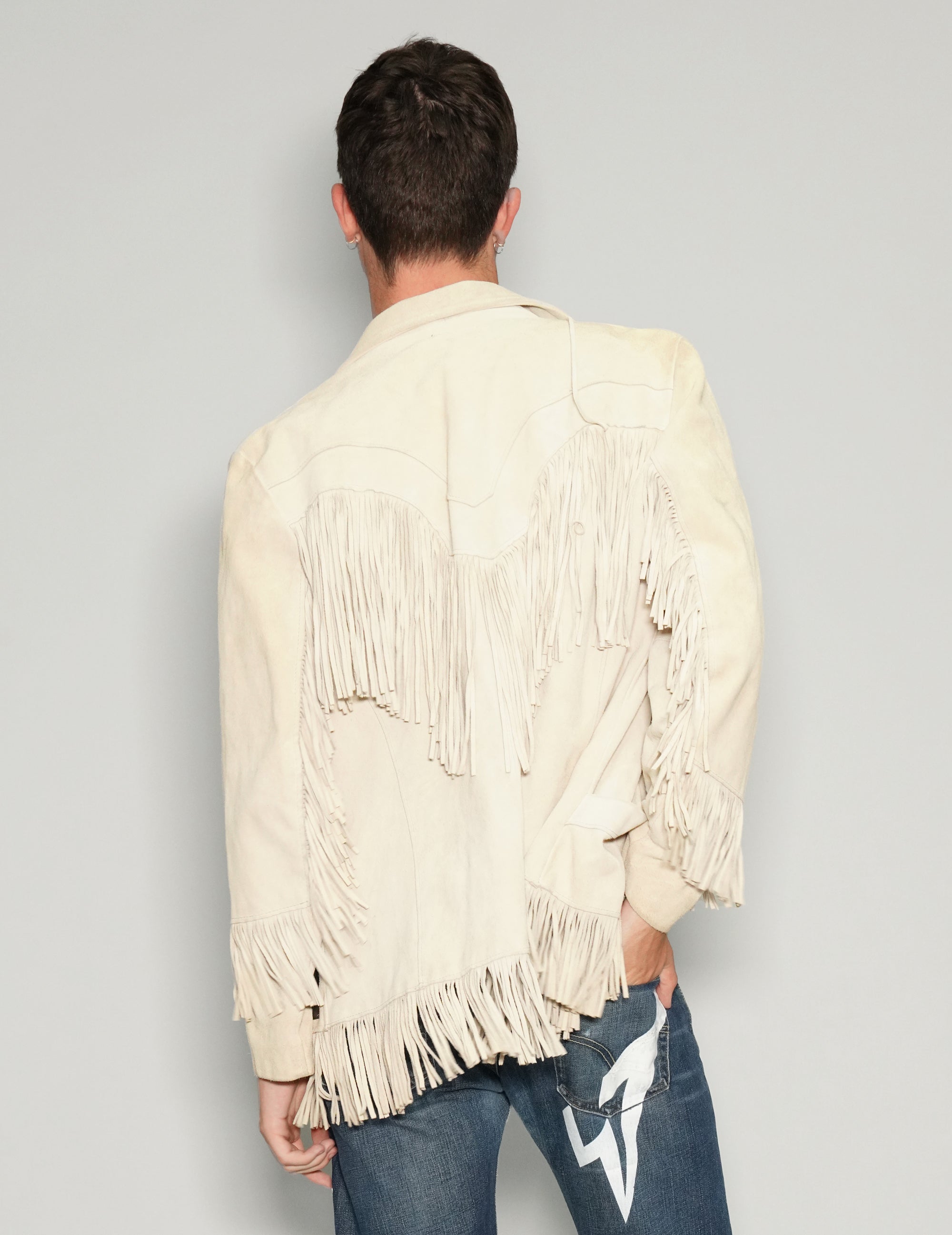 Men's Vintage Suede Fringe Jacket in Cream | Stuart Trevor