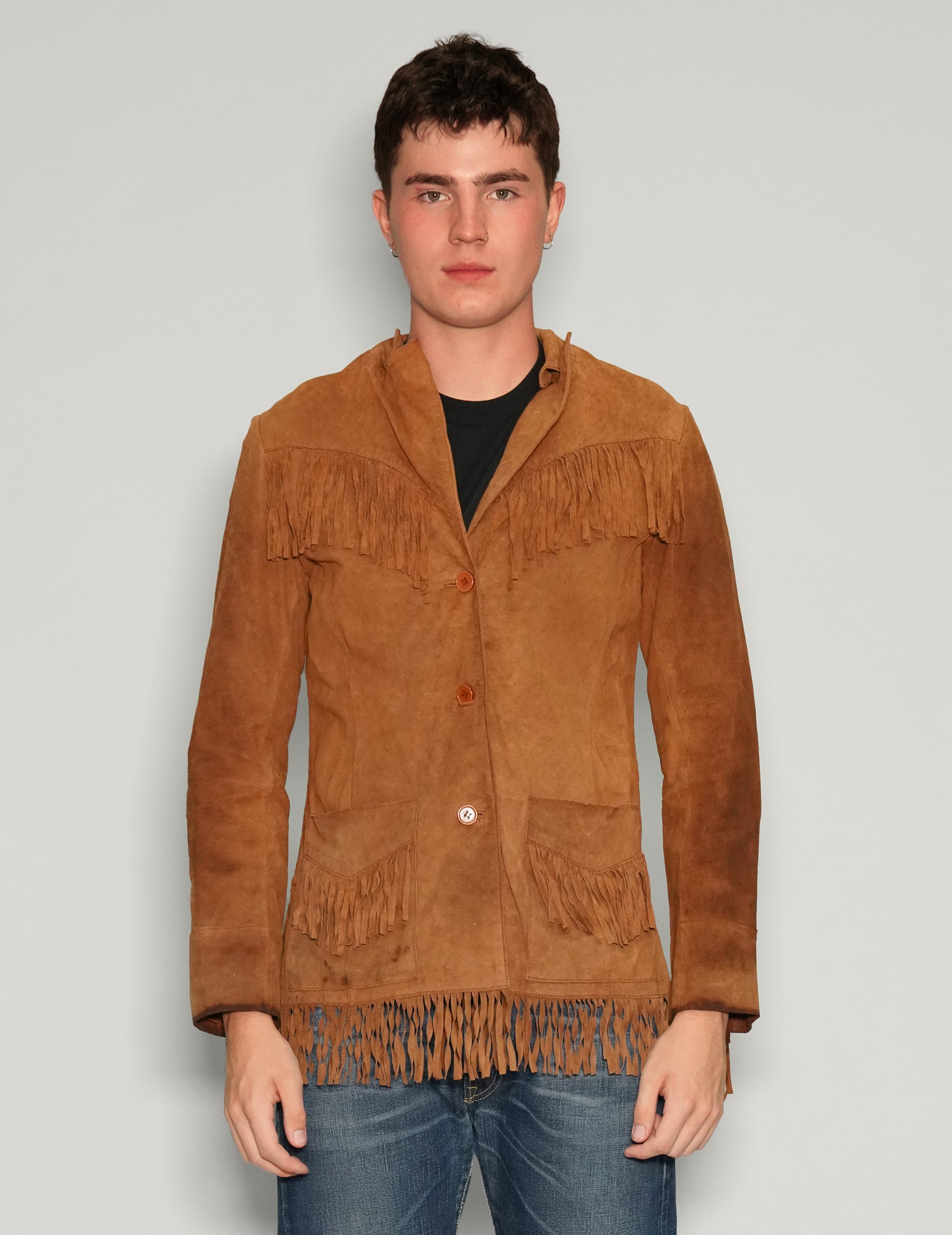 Men's Vintage Suede Fringe Jacket in Brown | Stuart Trevor