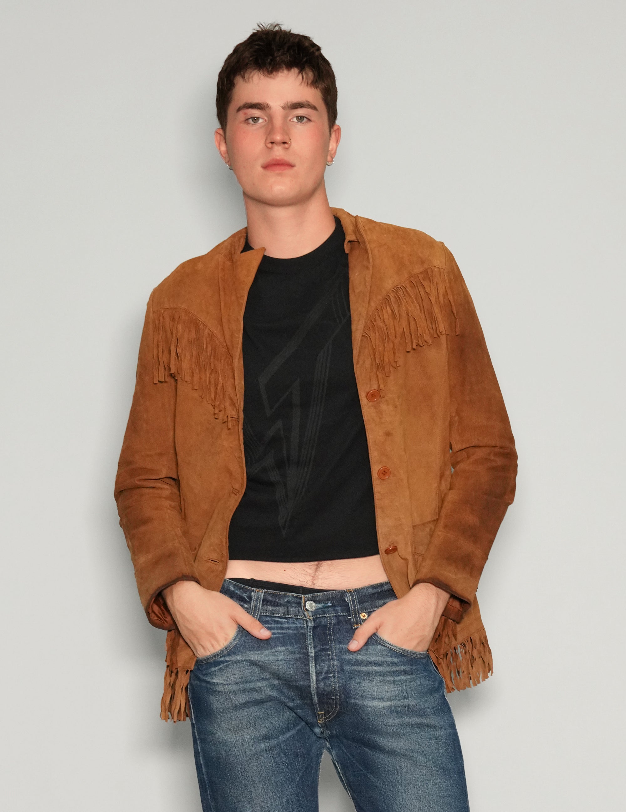 Men's Vintage Suede Fringe Jacket in Brown | Stuart Trevor
