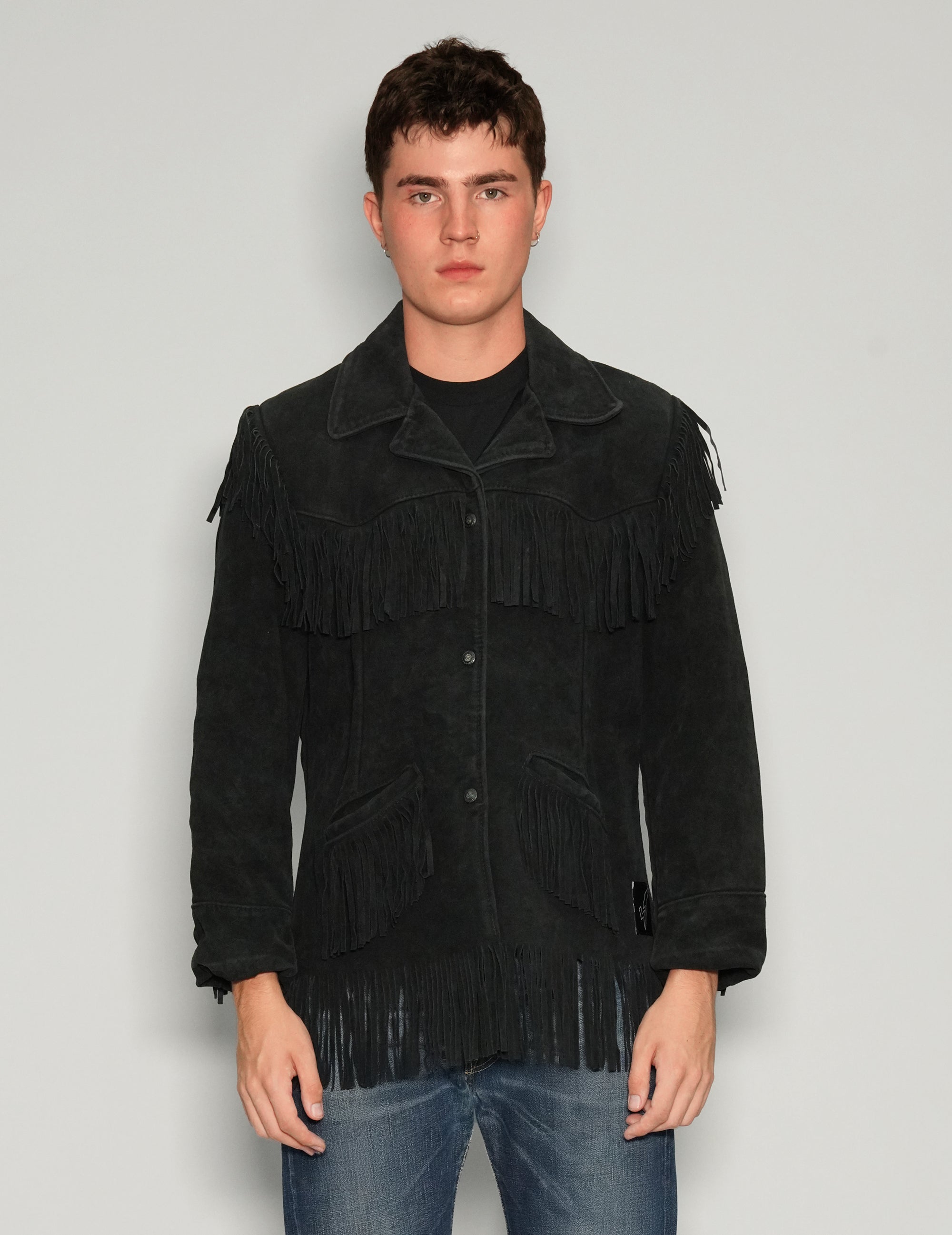 Men's Vintage Suede Fringe Cowboy Jacket in Black | Stuart Trevor