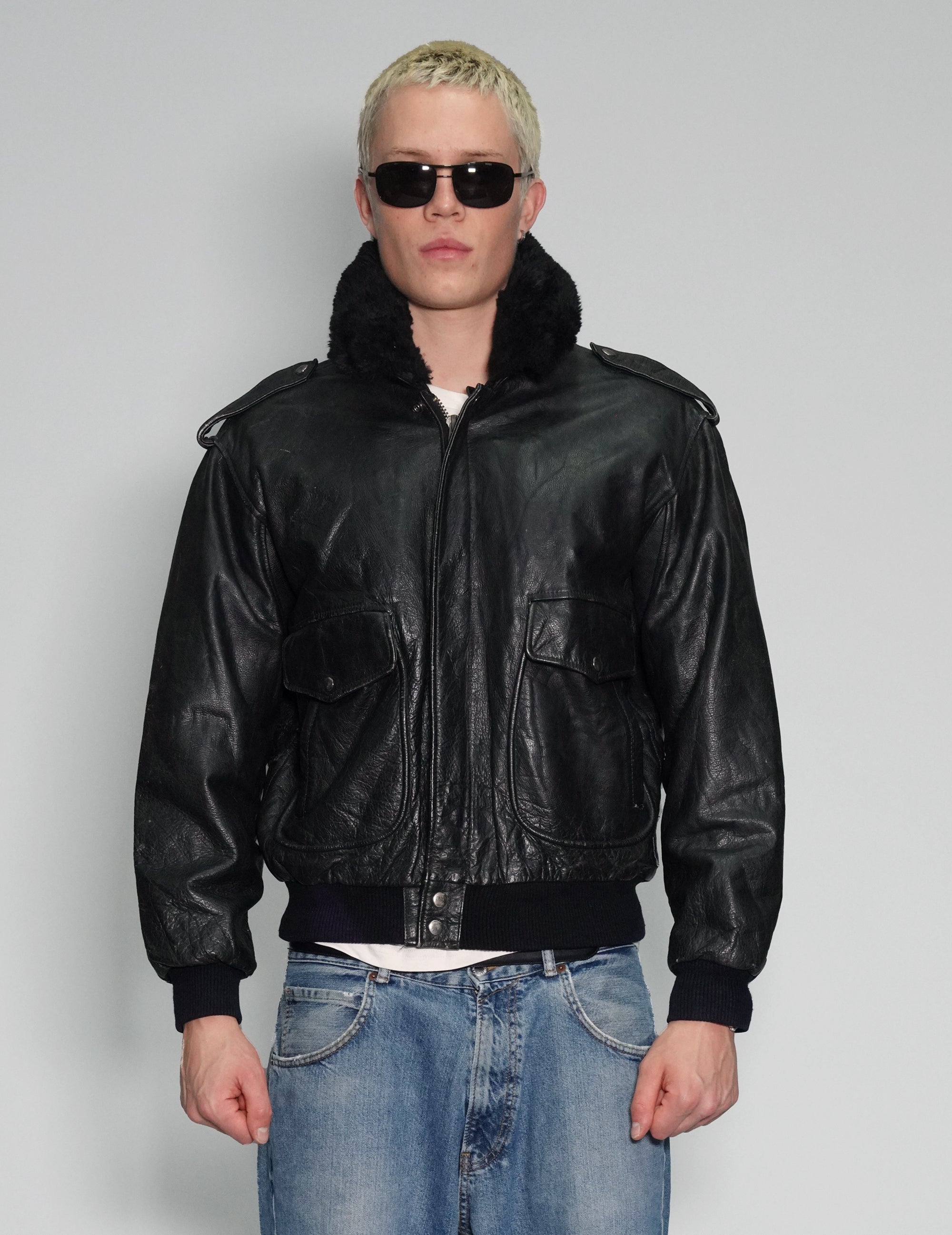 Men's Vintage Black Leather Bomber | Stuart Trevor