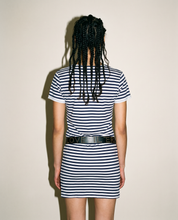 Back view of the Breton stripe t-shirt dress showing the length