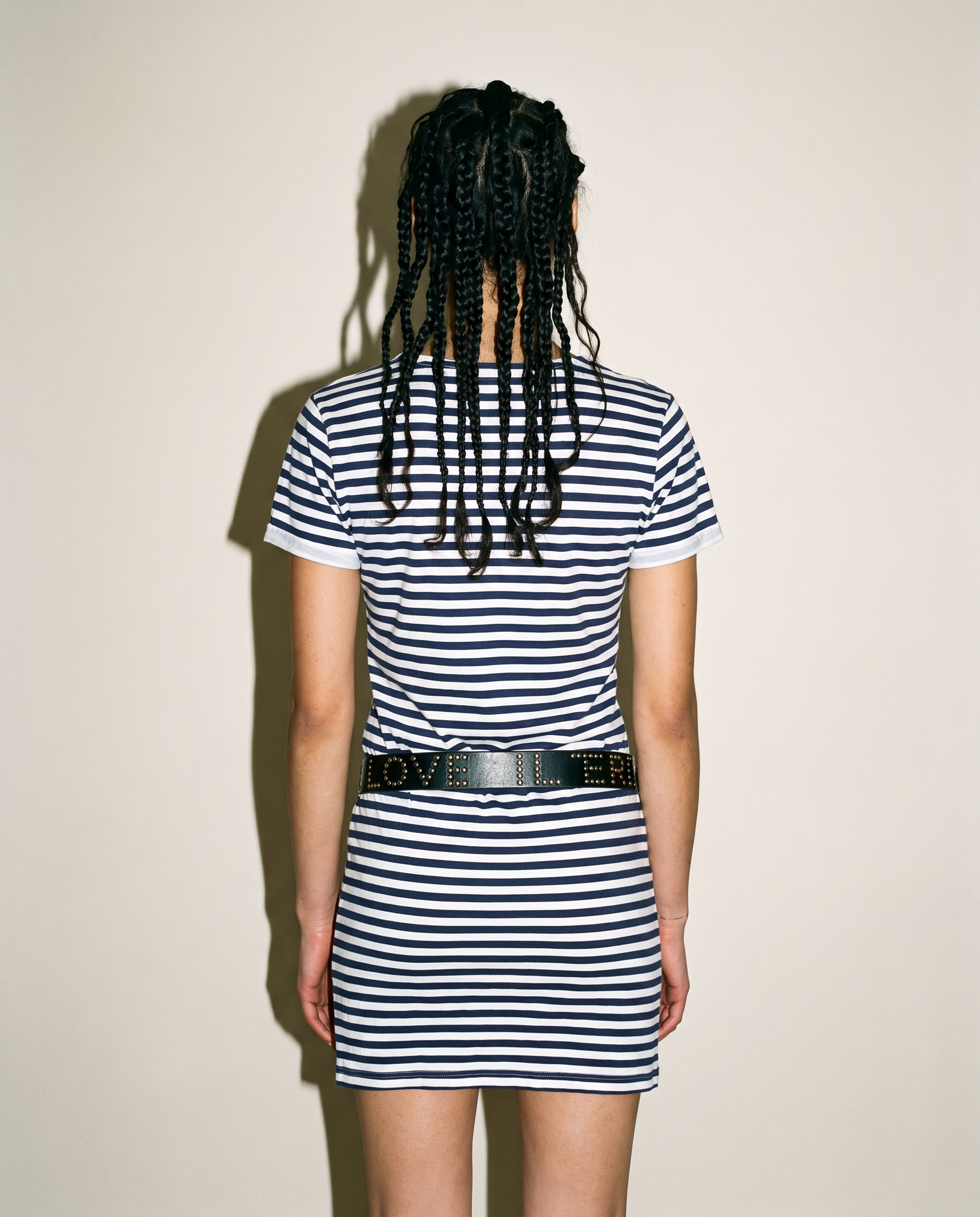 Back view of the Breton stripe t-shirt dress showing the length