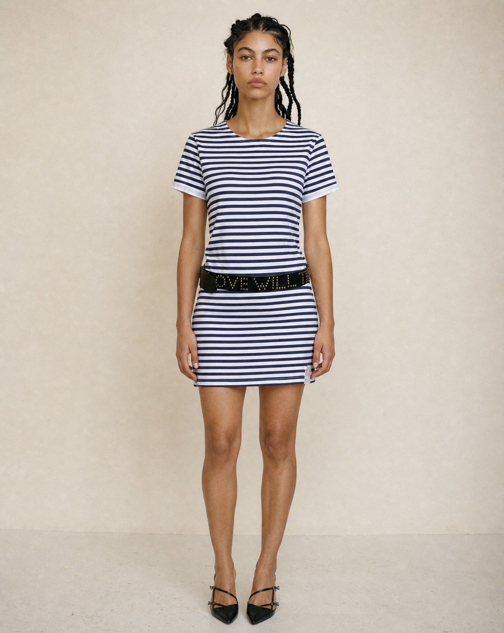 Navy and white Breton stripe dress belted at the waist