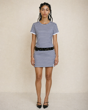 Navy and white Breton stripe dress belted at the waist