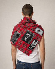 Back view of the red tartan Highland Riot scarf worn over the shoulders