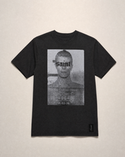 Black Saint t-shirt on a plain background, front view